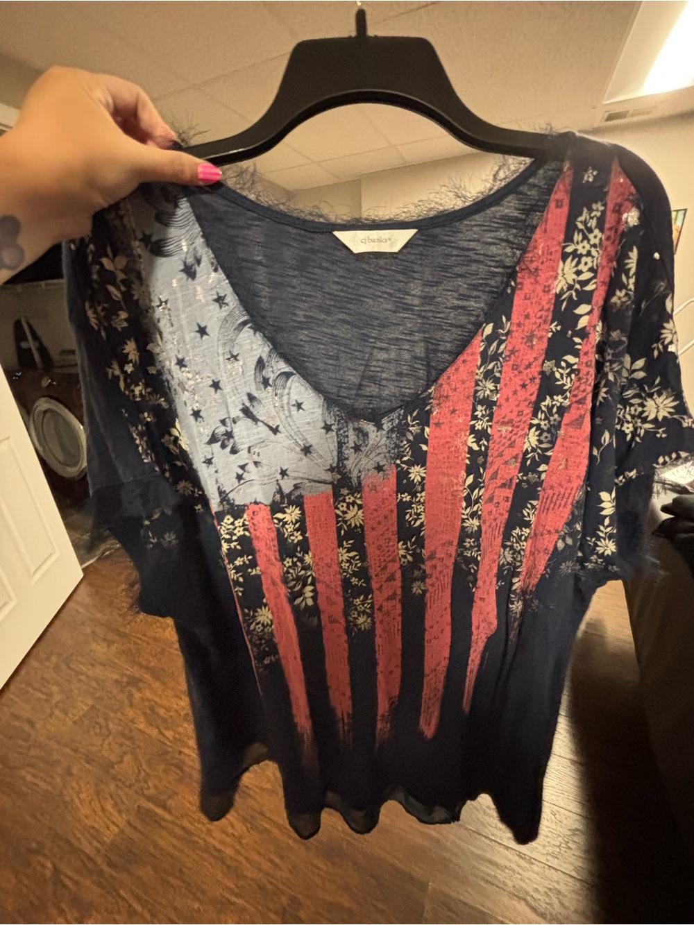CJ Banks Navy Short-Sleeve Tee with Red Flag Graphic